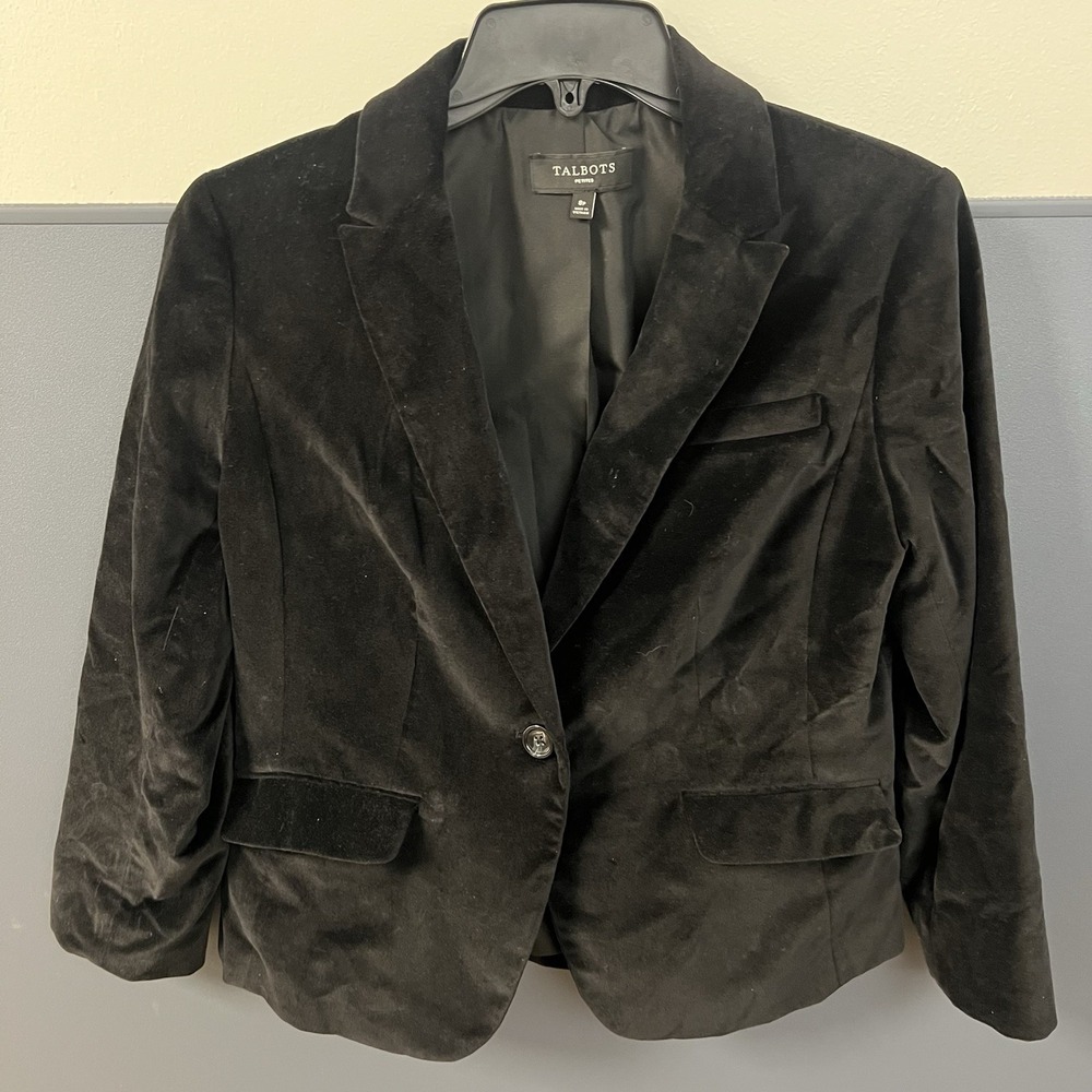 Talbots Blazer Jacket Womens Size 8p Black Velvet One Button Holiday Party